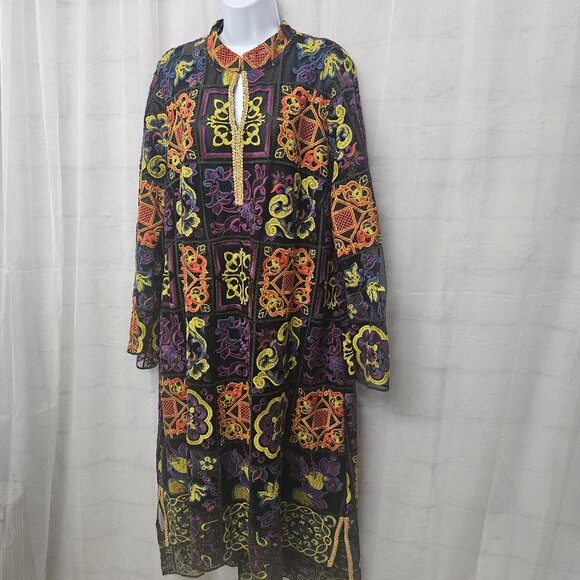 Rara Avis by Iris Apfel Kaftan Dress Maxi Embroidered Mesh Artsy Black Orange 1X - Picture 5 of 15